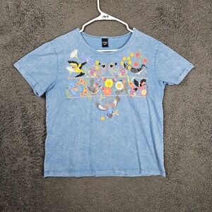 Sabaku Artwear Desert Huipil Graphic Tee Blue Acid Wash Birds Flowers Small USA